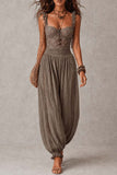 Lace Bodice Ruffle Strap Balloon Leg Jumpsuit