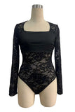 Sheer Floral Lace Square Neck Long Sleeve Bodysuit