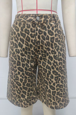 Leopard Print High-Waist Denim Shorts