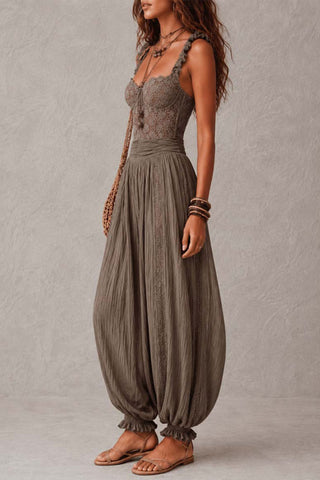 Lace Bodice Ruffle Strap Balloon Leg Jumpsuit