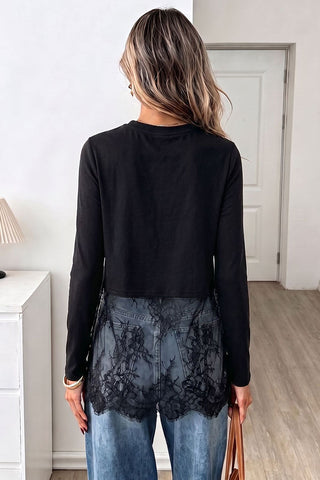 Sheer Lace Hem Long Sleeve Crew Neck Top