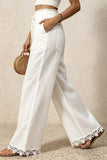 Ruffle Waist Lace-Trim Wide-Leg Pants