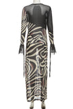 Zebra-Print V-Neck Long Sleeve Dress