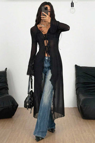 Sheer Lace Front Tie Bell Sleeve Blouse