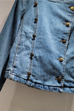 Double-Breasted Collarless Denim Jacket
