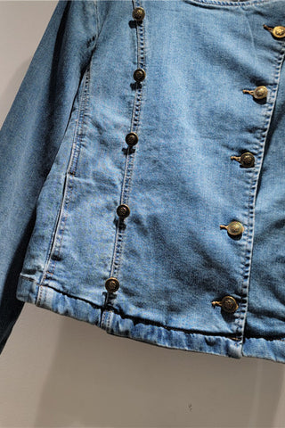 Double-Breasted Collarless Denim Jacket