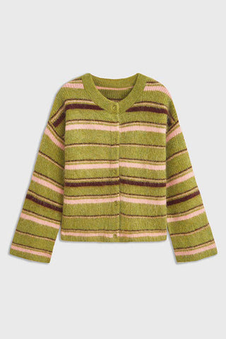 Striped Button-Front Fuzzy Knit Cardigan