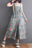 Floral Print Wide-Leg Denim Overalls