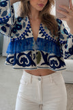 Floral Bell Sleeve Sheer Ruffle Blouse
