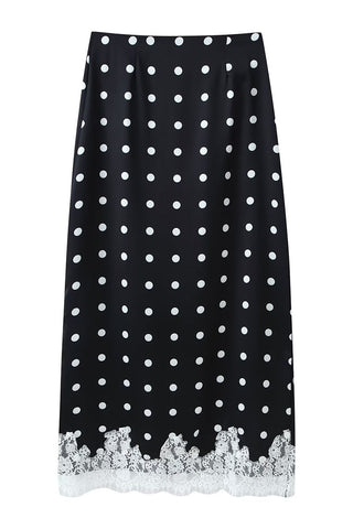 Polka Dot Lace Hem Midi Skirt