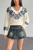 Floral Intarsia V-Neck Knit Sweater