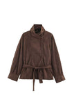 Stand-Collar Tie-Waist Suede Coat