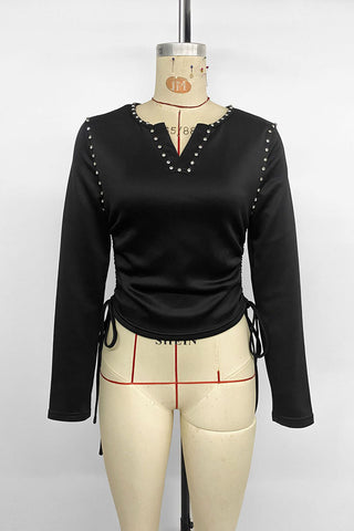 Studded V-Neck Ruched Side-Tie Blouse