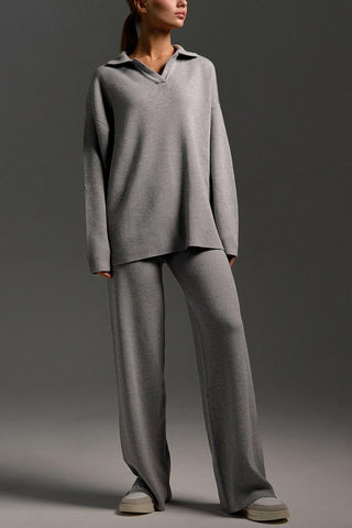 Knit Collared Top and Wide-Leg Pants Set