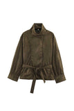 Stand-Collar Tie-Waist Suede Coat