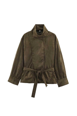Stand-Collar Tie-Waist Suede Coat