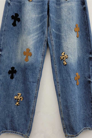 Cross Patch Wide-Leg Baggy Jeans