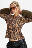 Fur Cuff Leopard Print Henley Crop Top