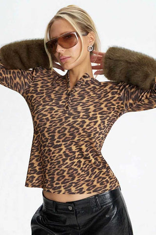 Fur Cuff Leopard Print Henley Crop Top