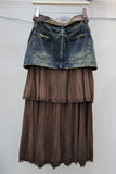 Military Button Denim Pleated Maxi Skirt
