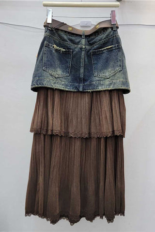 Military Button Denim Pleated Maxi Skirt