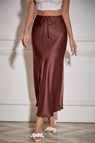 Satin Drawstring Waist Slip Midi Skirt