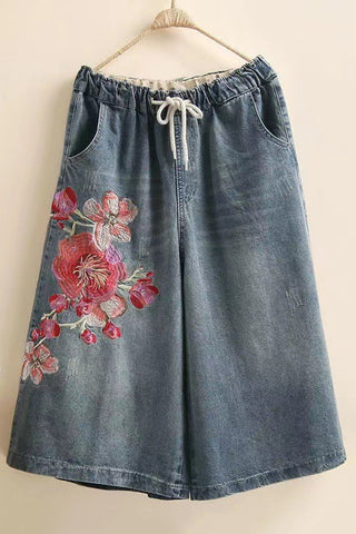 Floral Drawstring Denim Shorts