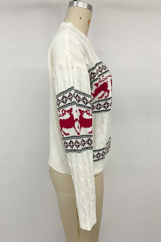 Reindeer Motif Crew Neck Cable Knit Sweater