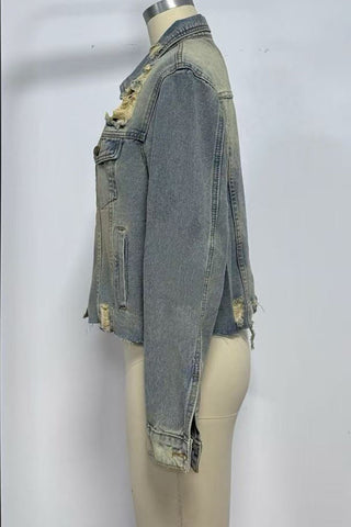 Distressed Button-Front Denim Jacket