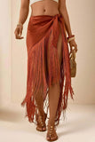 Fringe Tie-Waist Wrap Midi Skirt