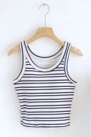 Striped Ribbed Crew Neck Crop Tank