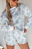 Floral Crew Neck Ruffle Short Set