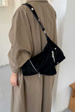 Suede Zipper Detail Slouchy Shoulder Bag