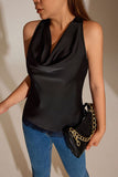 Satin Cowl Neck Lace Hem Tank