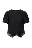 Round Neck Puff Sleeve Lace Trim Drawstring Blouse