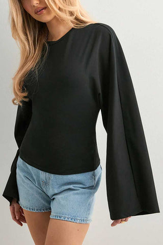 Long Sleeve Bell Sleeve Crew Neck Crop Top