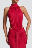 Ruched High-Neck Bodycon Maxi Dress