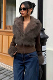 Faux Fur Collar Ribbed Zip-Up Jacket