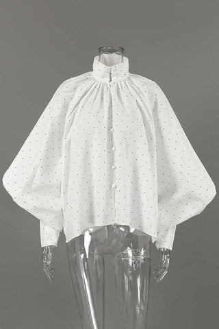 Polka Dot Puff Sleeve Mock Neck Blouse