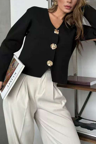 V-Neck Metallic Button Long Sleeve Cardigan