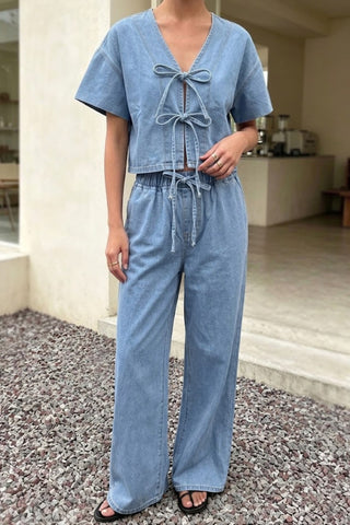 Tie-Front Denim Wide-Leg Pants Set