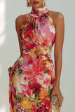 Floral Halter Ruched Maxi Dress