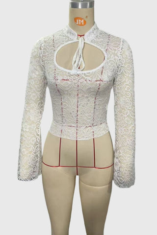 Lace Bell Sleeve Tie Neck Cutout Blouse
