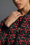 Floral Print Ribbed Trim Zip-Up Bomber Coat