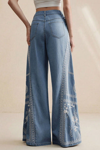 Embroidered Floral Wide Leg Jeans