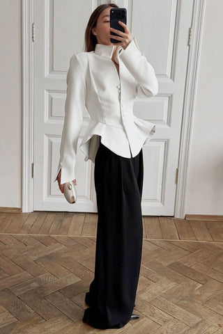 Stand-Collar Peplum Button-Front Blazer