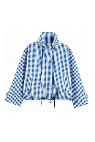 Plaid Drawstring Hem Zip-Up Jacket