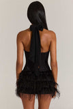 Halter Square Neck Feather Mini Dress