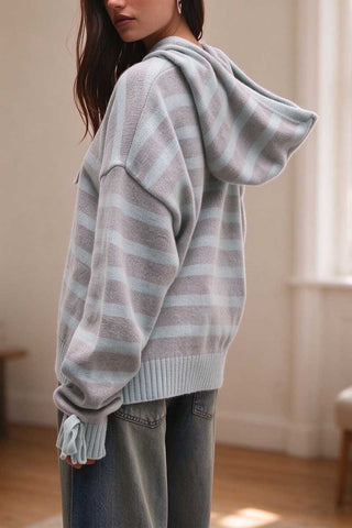 Striped Hooded Button-Front Knit Cardigan