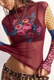 Sheer Mesh Floral Patchwork Mock Neck Top